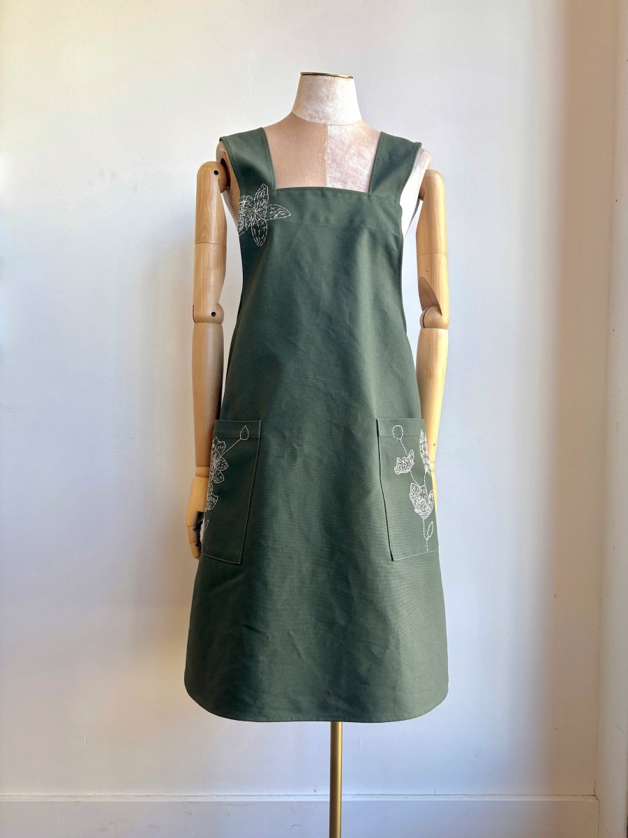 Army Green Cotton Canvas Hand - Embroidered Pinafore Apron - Made X Hudson