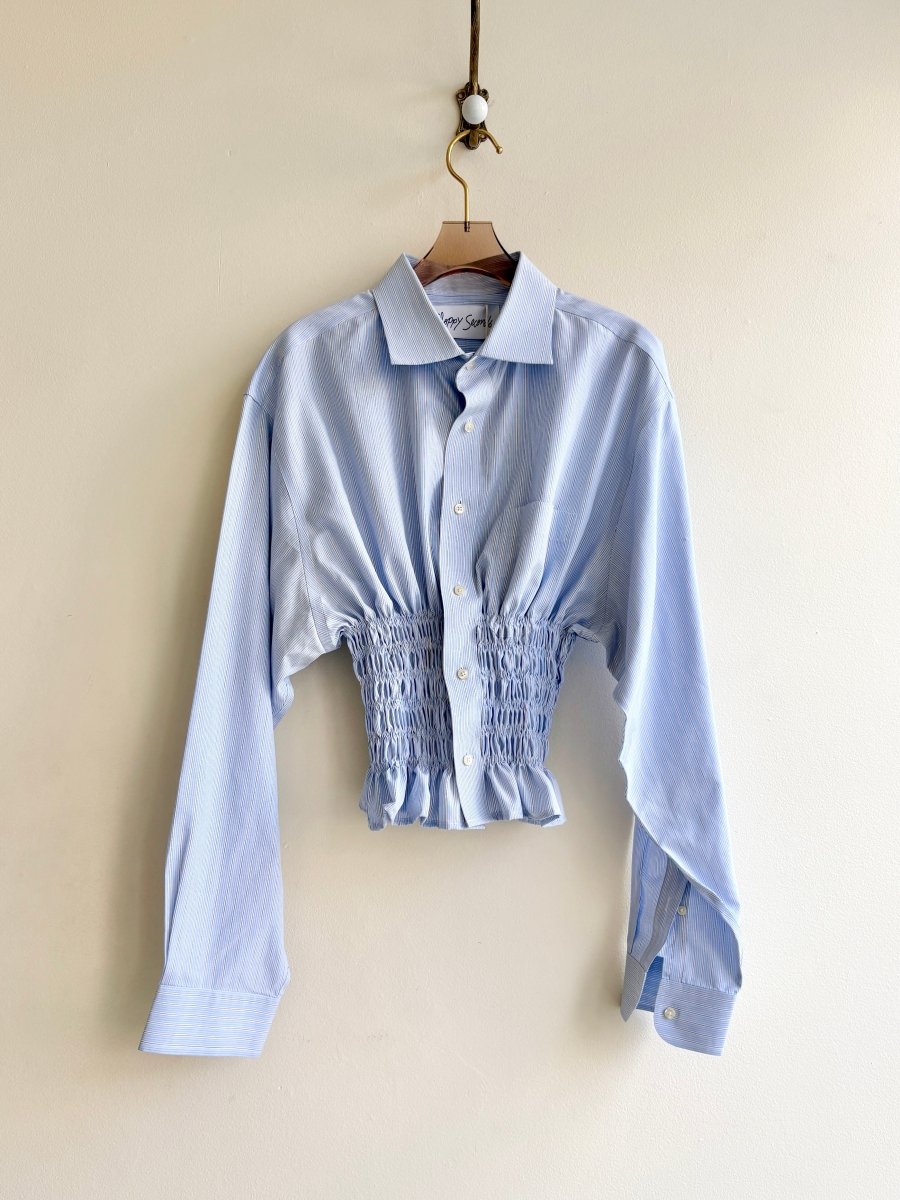 The George Top | Blue, White, Black Stripe Button Down Top w/ Smocked Waist (Reworked) - Made X Hudson