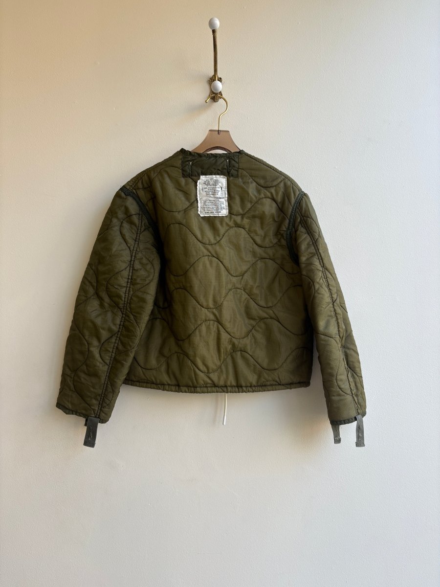 Light Olive Green Army Liner Quilted Coat w/ Dark Olive Patch Pockets & White Drawstring (Reworked) - Made X Hudson