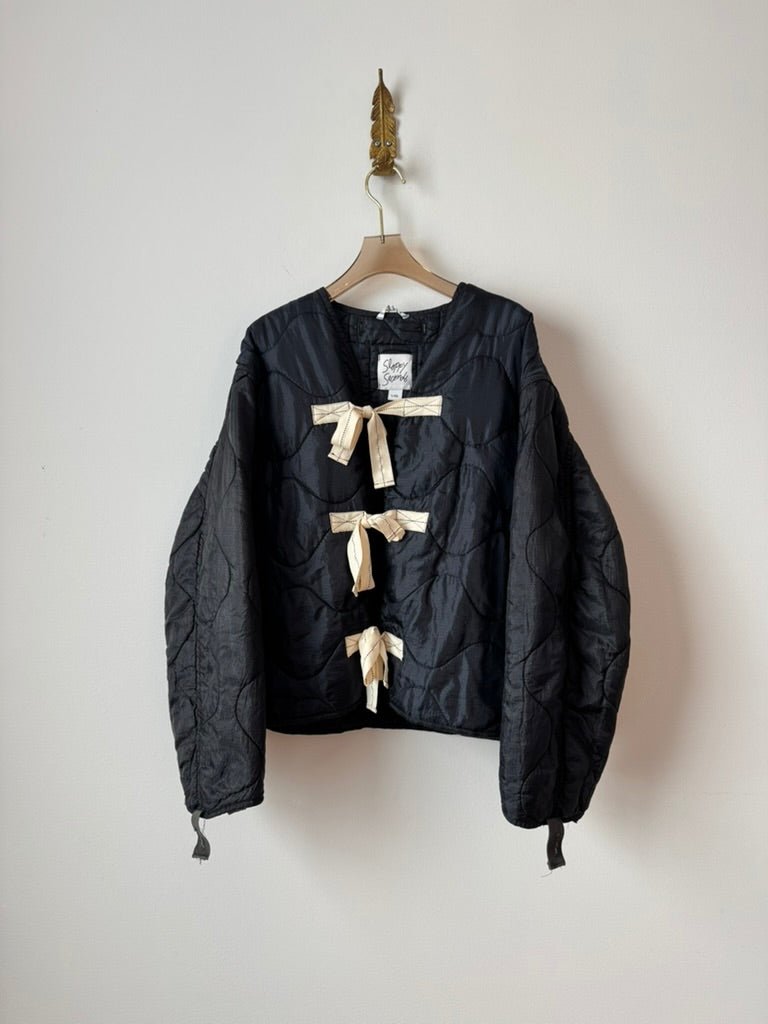Navy Blue Army Liner Quilted Coat w/ Twill Tape Ties (Reworked) - Made X Hudson
