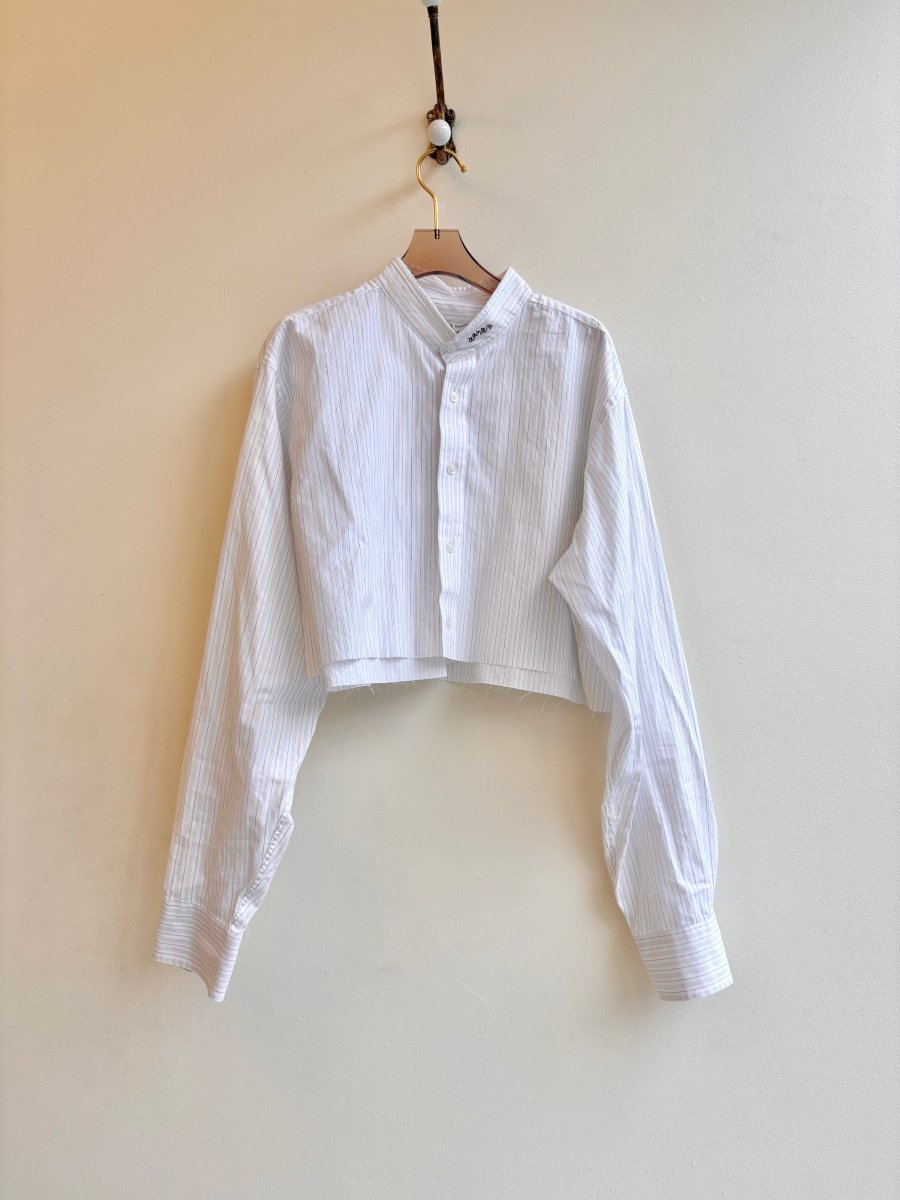 White w/ Brown Pinstripe Annette Crop Top w/ Brown Embroidered “Apres” (Reworked) - Made X Hudson