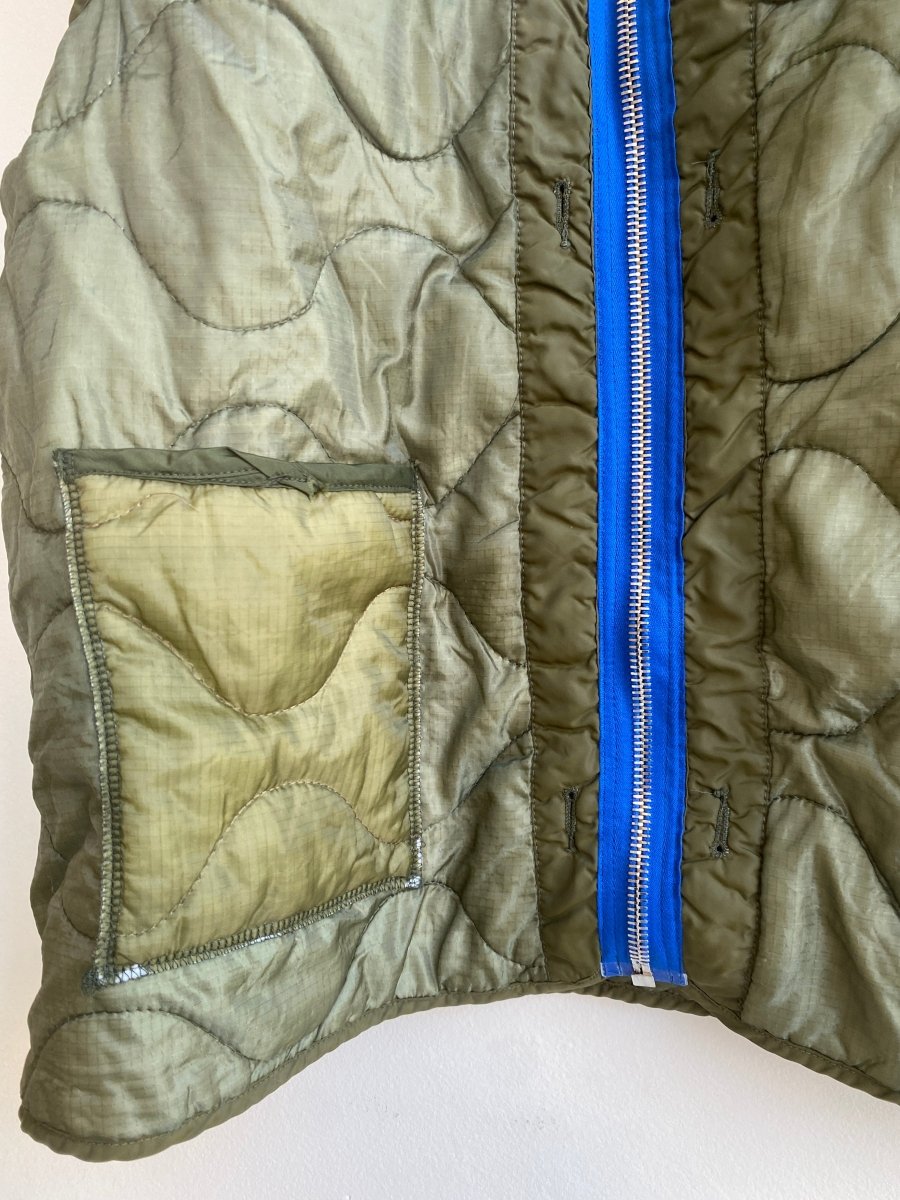 Olive Green Army Liner Quilted Vest w/ Blue Zipper (Reworked) - Made X Hudson