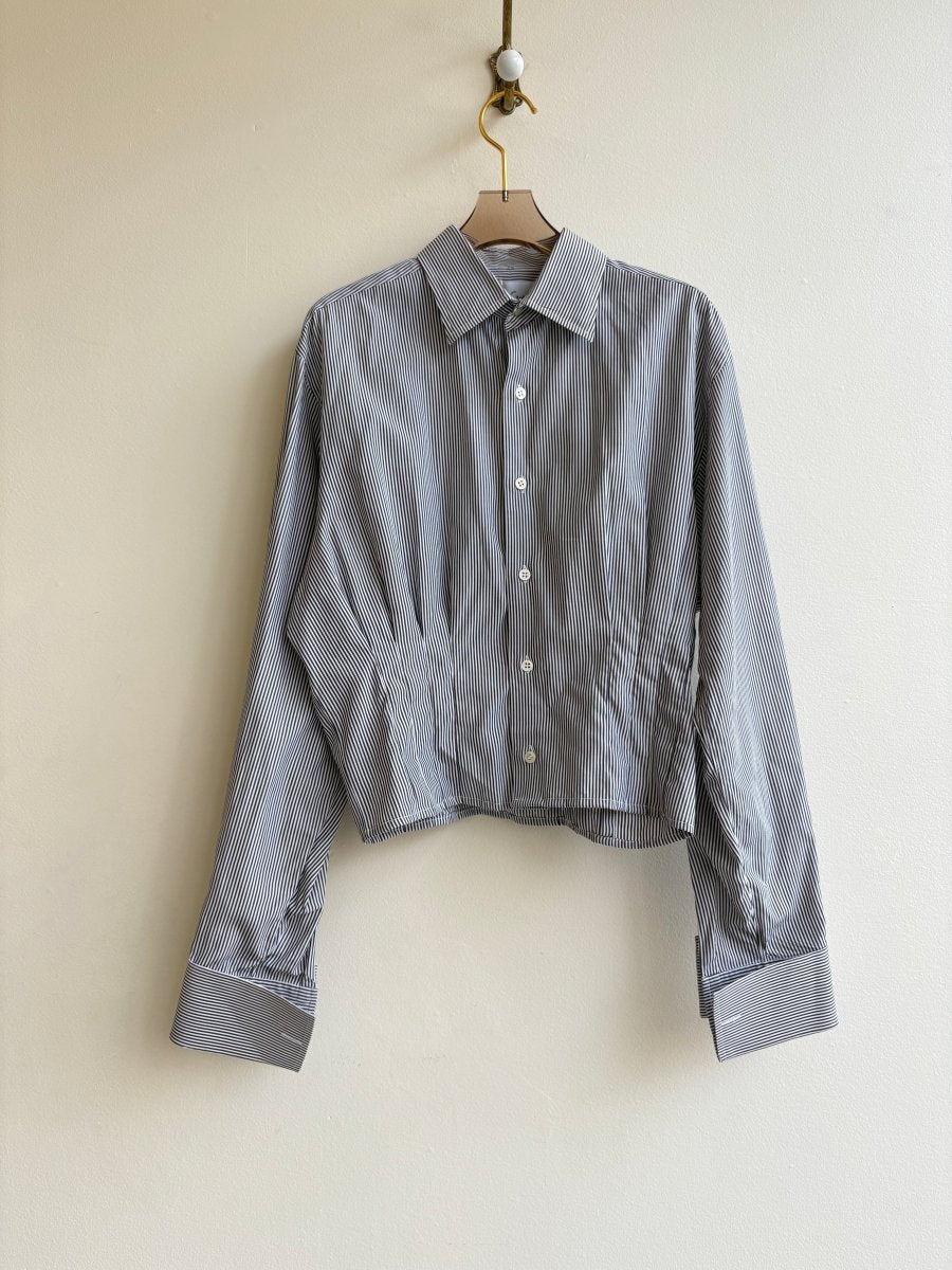 The Kevin Top | Grey & White Pinstripe Button Down Top w/ Gathered Waist (Reworked) - Made X Hudson