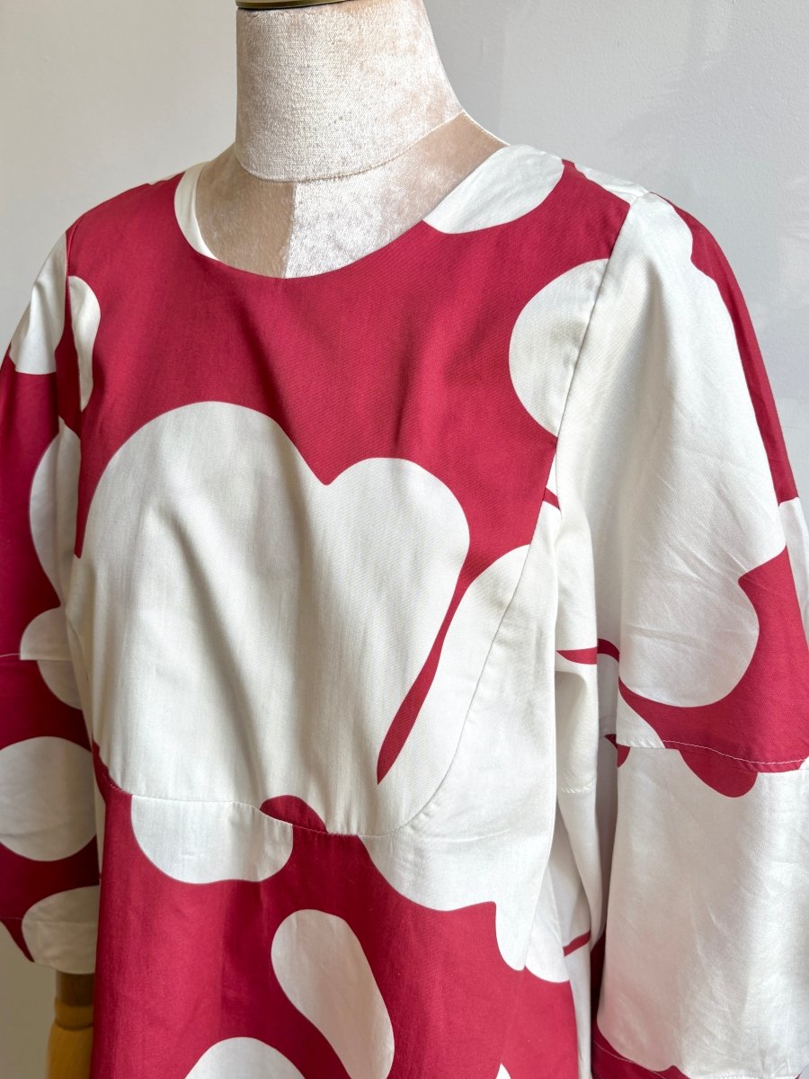 Red & White Floral Bib Dress w/ Balloon Sleeves - Made X Hudson