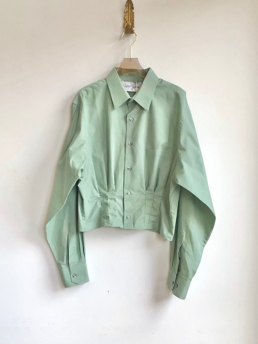 The Kevin Top | Sage Green Cotton Button Down Top w/ Gathered Waist (Reworked) - Made X Hudson