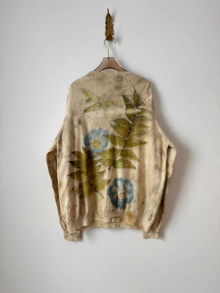 Cream & Chartreuse Eco Printed V - neck Sweater (Reworked) - Made X Hudson