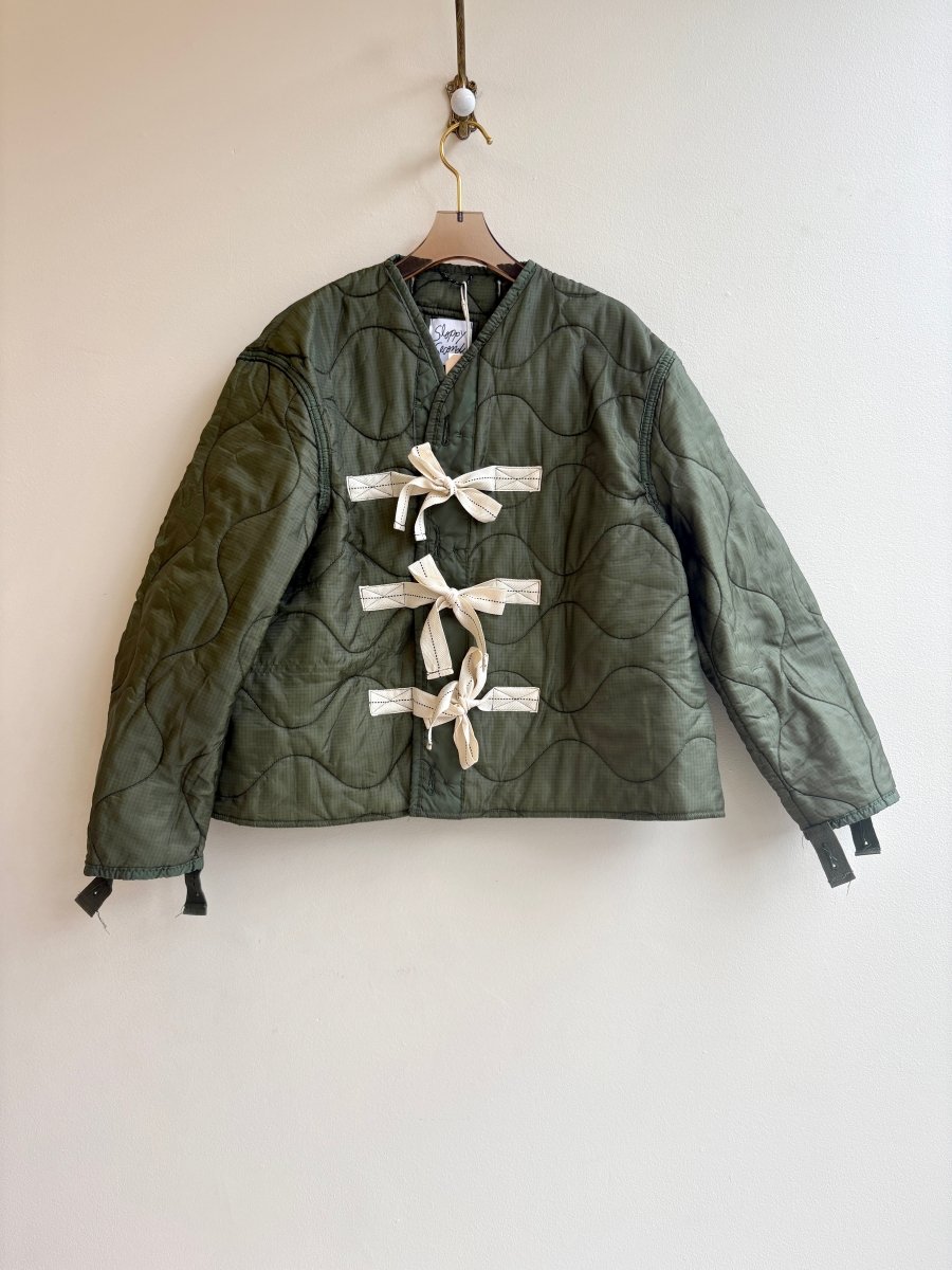 Dark Olive Green Army Liner Quilted Coat w/ White Twill Tape Ties (Reworked) - Made X Hudson