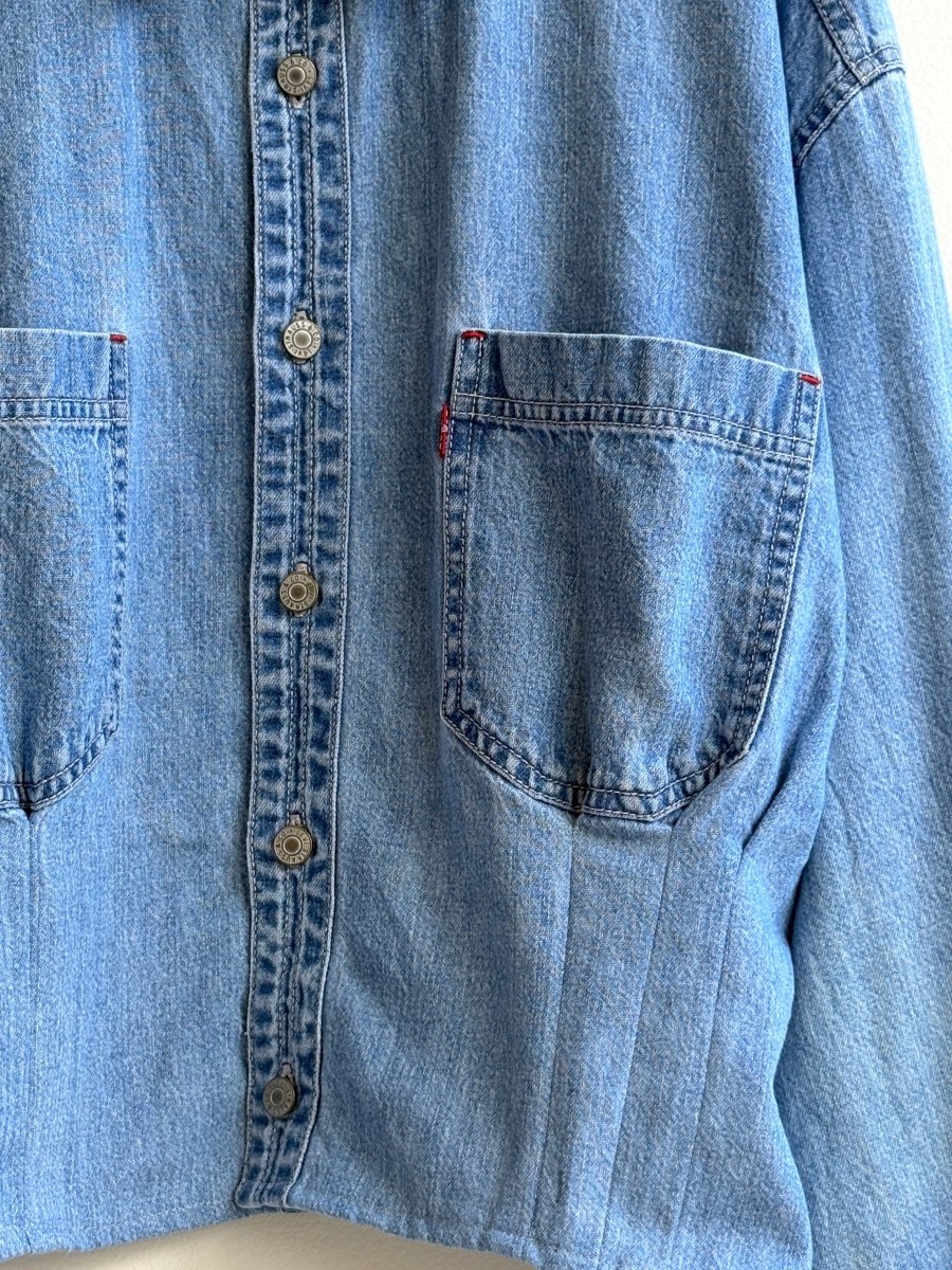 The Kevin Top | Vintage Blue Denim Top w/ Silver Buttons & Gathered Waist (Reworked) - Made X Hudson