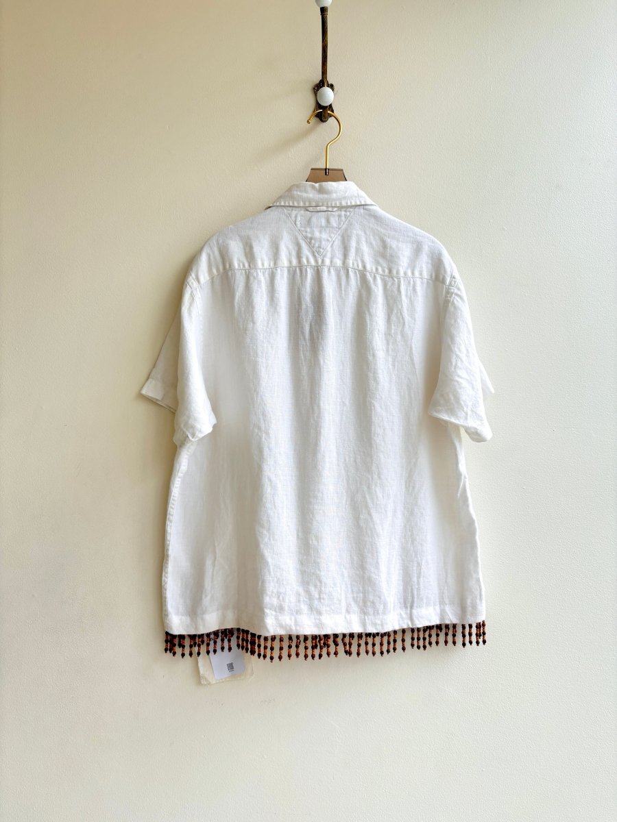 White Linen Button Up Shirt w/ Wooden Beaded Fringe (Reworked) - Made X Hudson