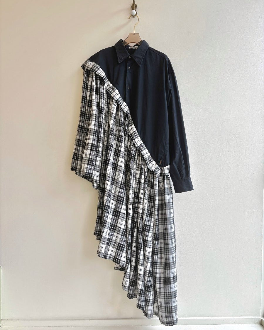 Asymmetric Shirtwaist Dress in Black with Black and White Plaid Skirt (Reworked) - Made X Hudson