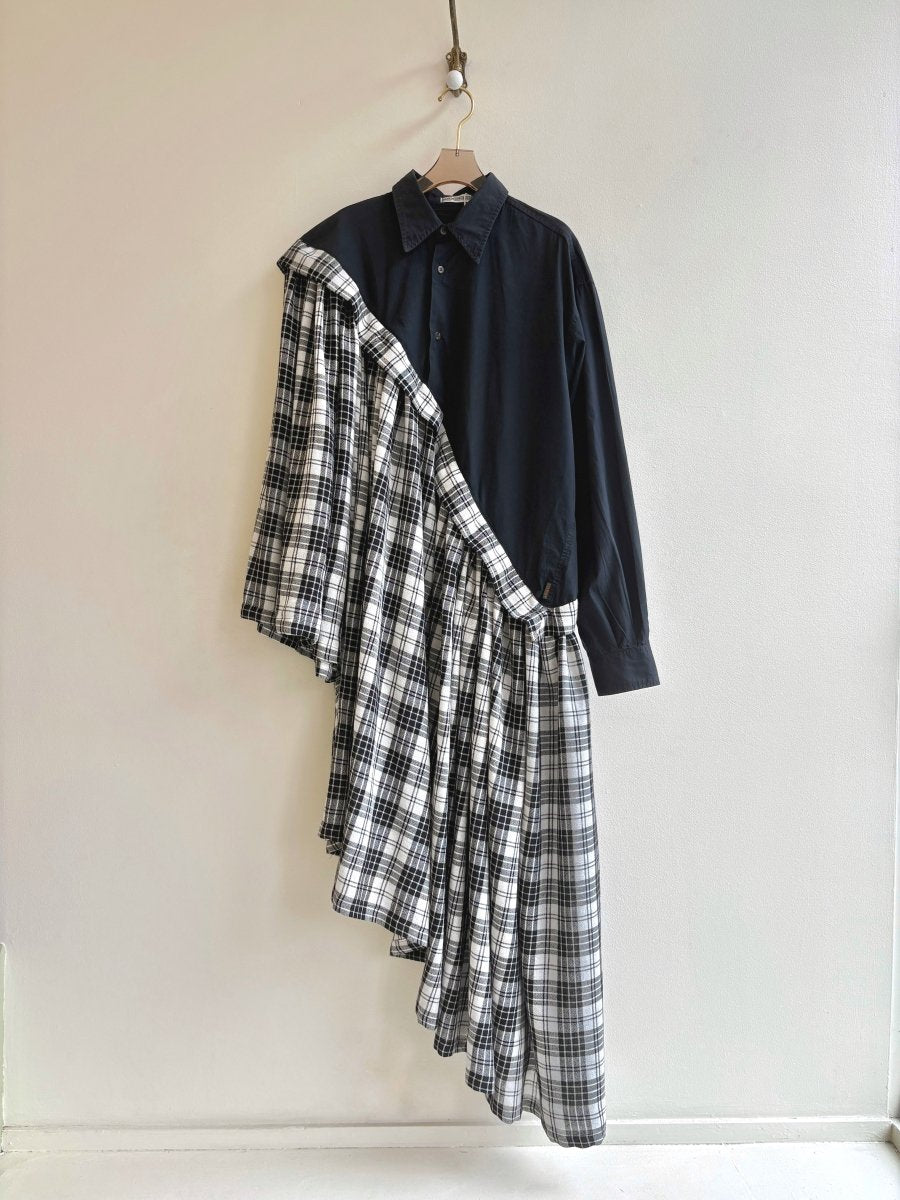Asymmetric Shirtwaist Dress in Black with Black and White Plaid Skirt (Reworked) - Made X Hudson