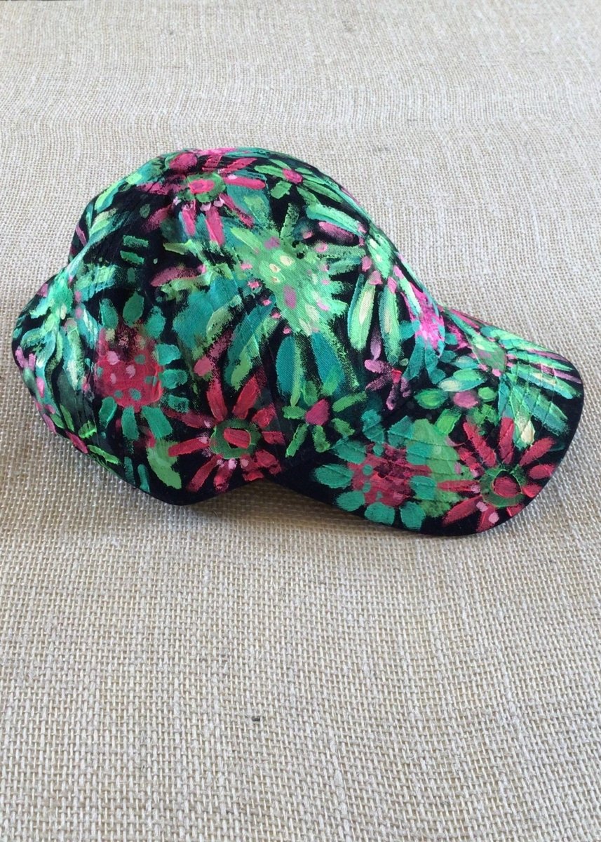 Black Hand Painted Neon Green & Pink Flowers Baseball Cap - Made X Hudson