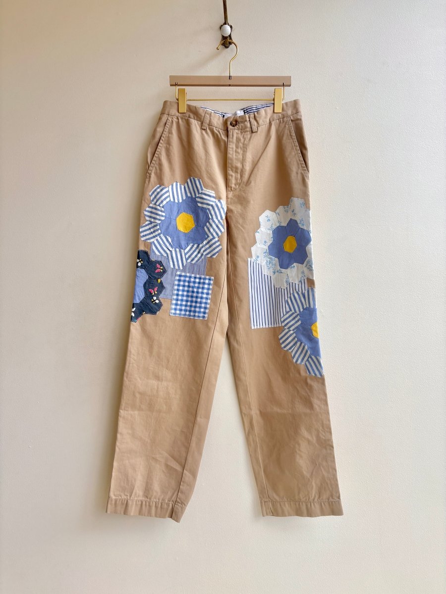 Grandmother's Garden Quilt Block Applique Chinos | Soft Blue Stripe and Butterfly (Reworked) - Made X Hudson
