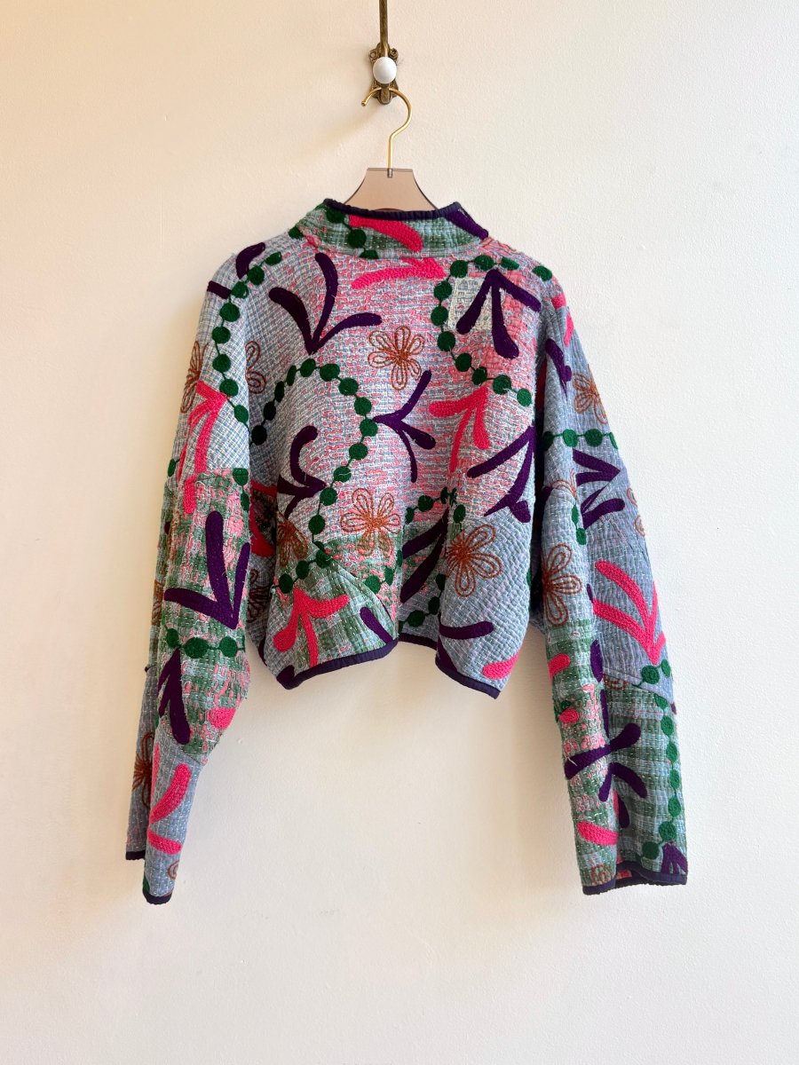 Reversible Suzani Quilted Cropped Jacket in Colors Pink, Green, Beige, Grey & Blue, Green, Pink, Purple - Made X Hudson