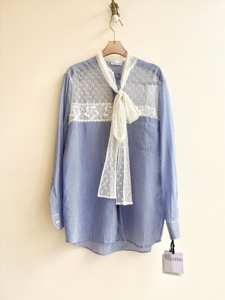 Red Valentino | Blue & White Stripe Button Up Shirt w/ Lace Bow Accent (Vintage) - Made X Hudson