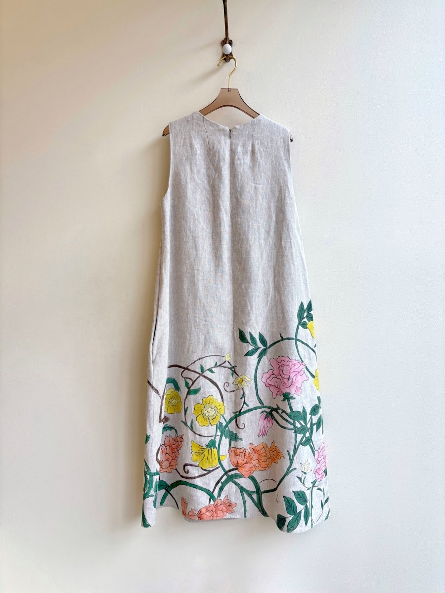 Oatmeal Chore Dress w/ Hand Painted Floral Print - Made X Hudson