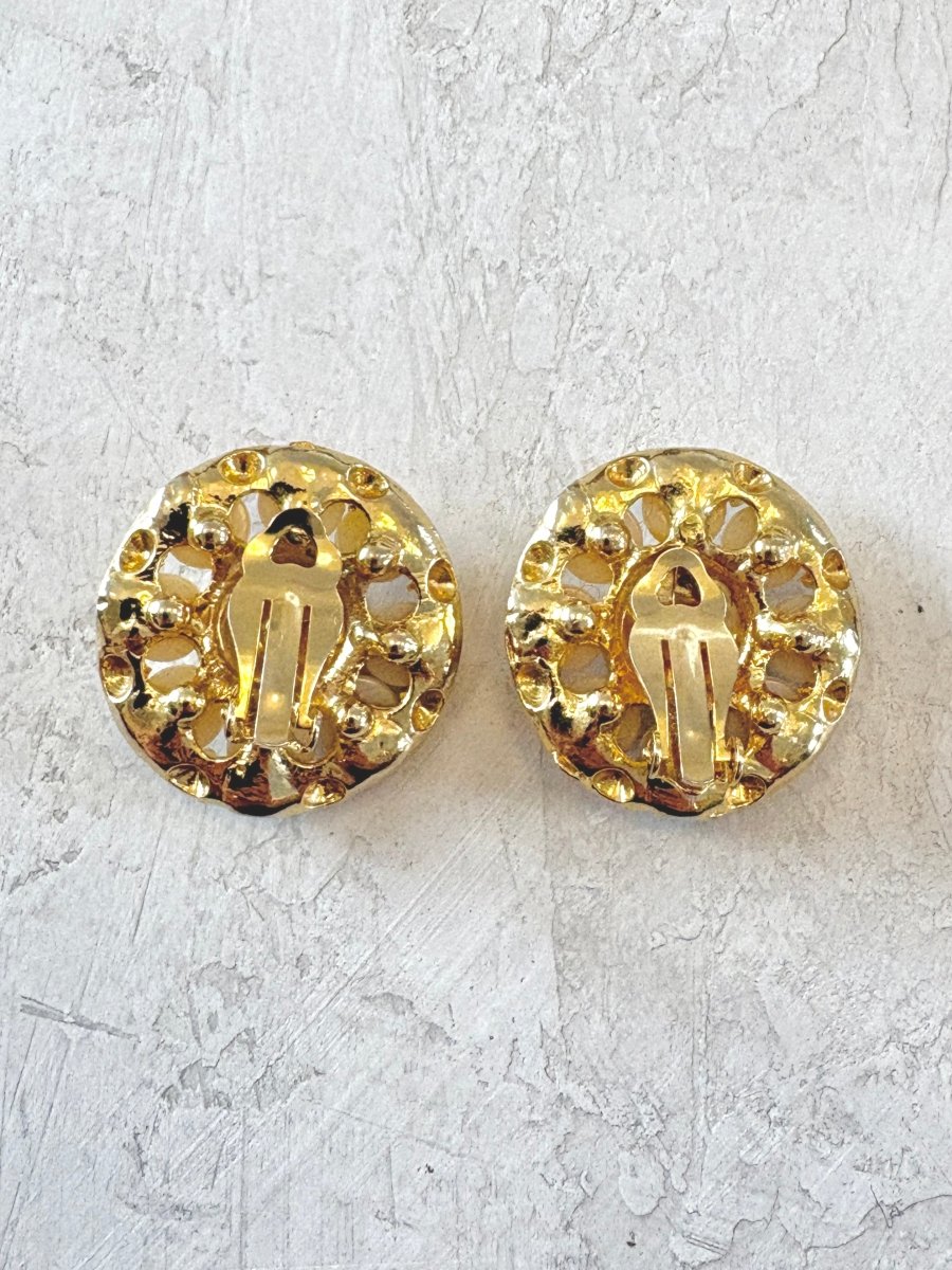 Gold Tone Pearl & Caviar Texture Clip On Earrings (Vintage) - Made X Hudson