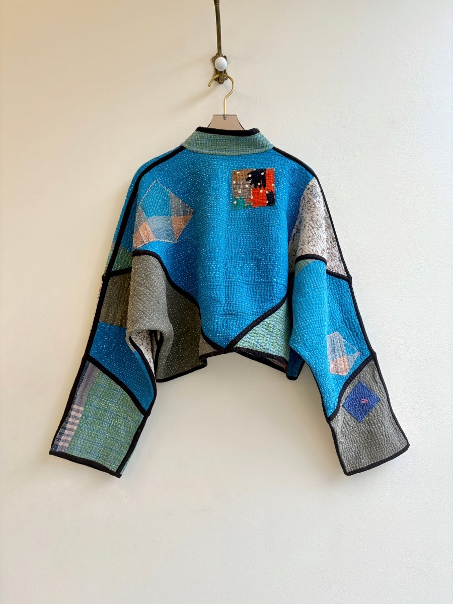 Reversible Kaira Quilted Cropped Jacket in Colors Green, Blue, Cream, Grey & Patchwork Orange, Violet, Green, Red - Made X Hudson