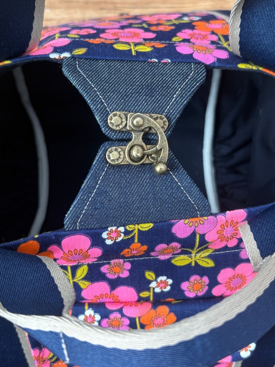 Mini Cross - Body Duffel Bag in Denim and Pink Retro Flowers w/ Navy Webbing - Made X Hudson