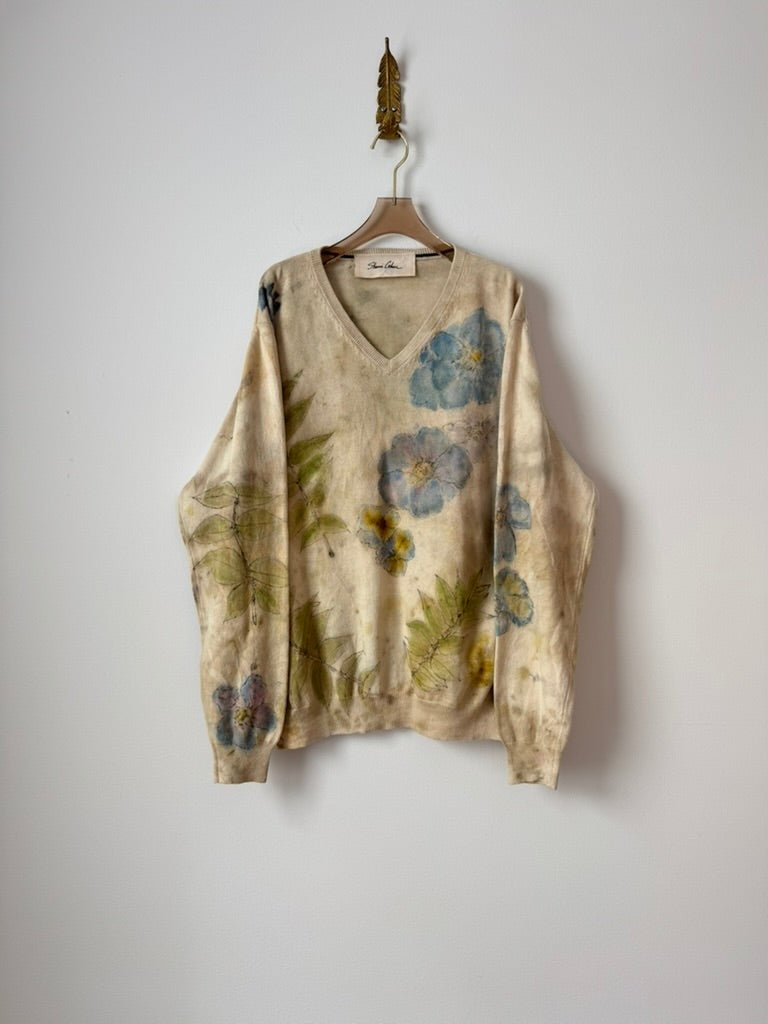 Cream & Chartreuse Eco Printed V - neck Sweater (Reworked) - Made X Hudson