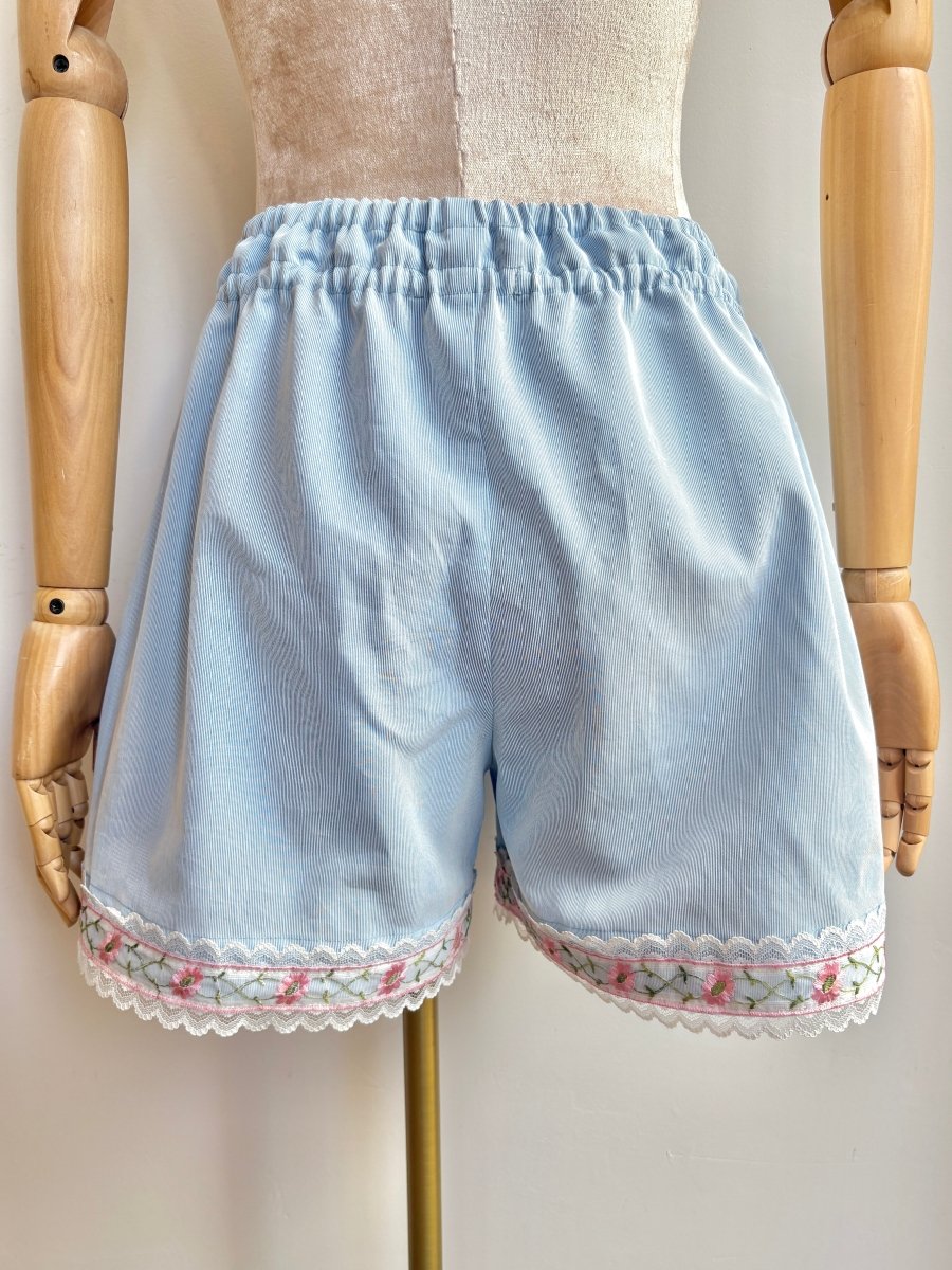 Pale Blue Micro Stripe & Pink Flower Lace Trim Town Shorts - Made X Hudson