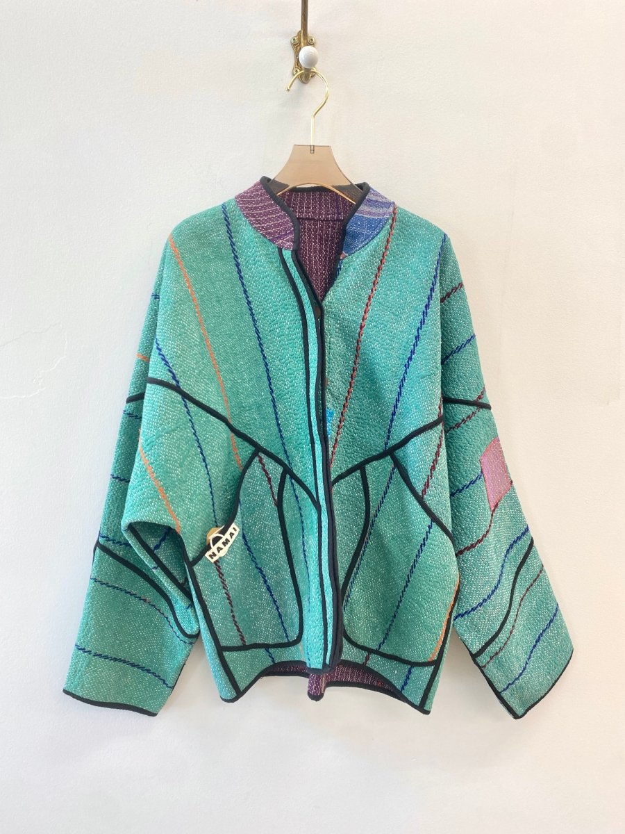 Reversible Ladhiya Quilted Jacket in Colors Turquoise w/ Blue, Red & Orange Embroidery & Plum w/ Beige Stripes - Made X Hudson