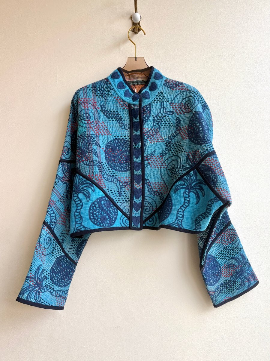 Reversible Kaira Suzani Quilted Cropped Jacket in Colors Cobalt, Navy, Hot Red & Apricot, Mauve, Blue - Made X Hudson