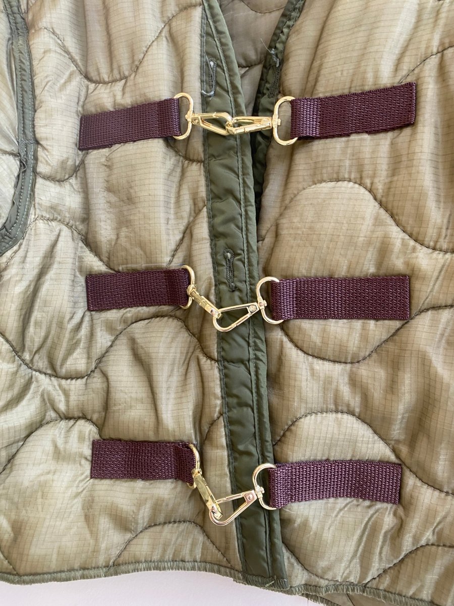 Olive Green Army Liner Quilted Coat w/ Brown Ribbon & Gold - tone Clasps (Reworked) - Made X Hudson