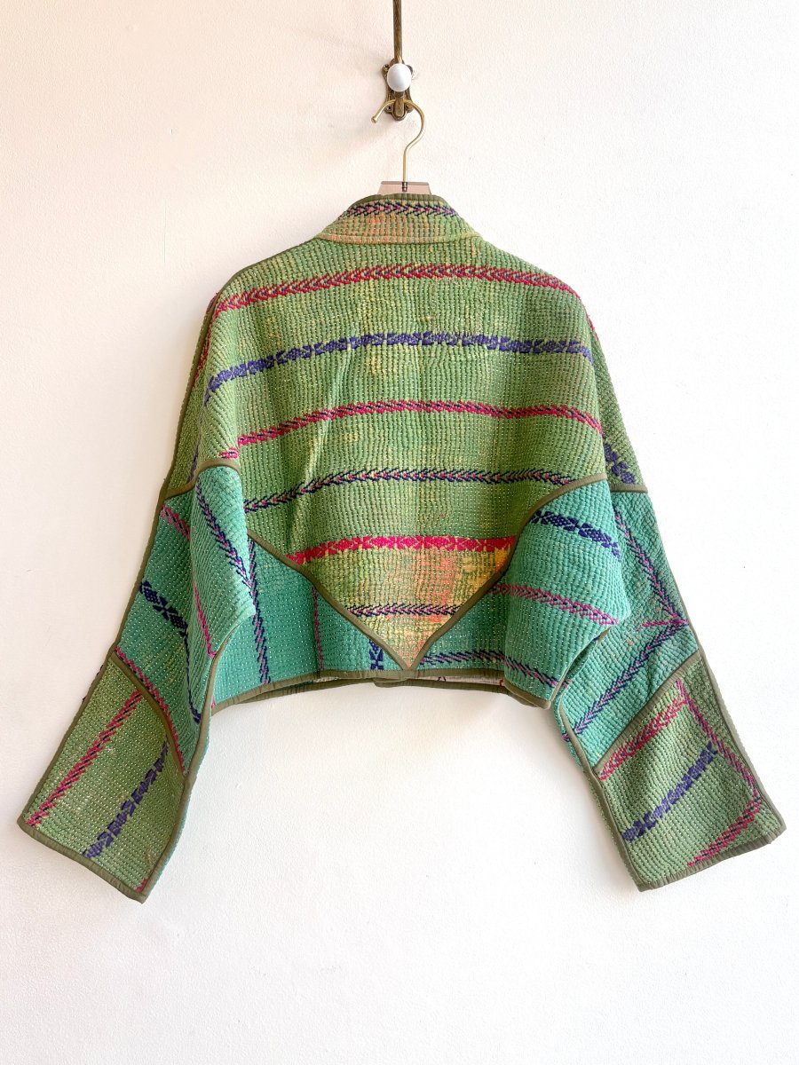 Reversible Kaira Quilted Cropped Jacket in Colors Cream Stripe, Olive, Sage & Grass Green, Red and Blue Stripes - Made X Hudson