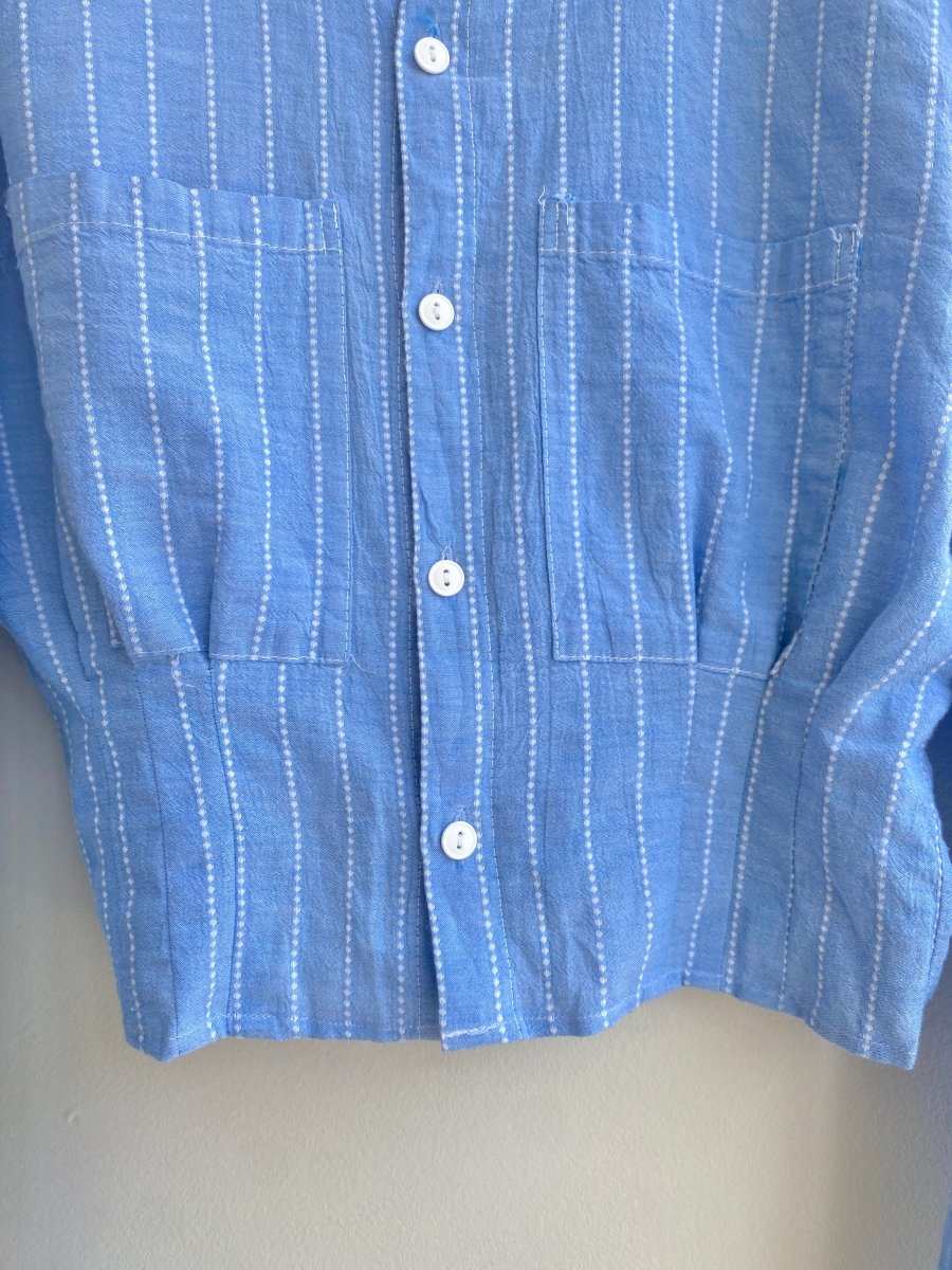 The Kevin Top | Blue Linen Pinstripe Button Down Top w/ Gathered Waist (Reworked) - Made X Hudson
