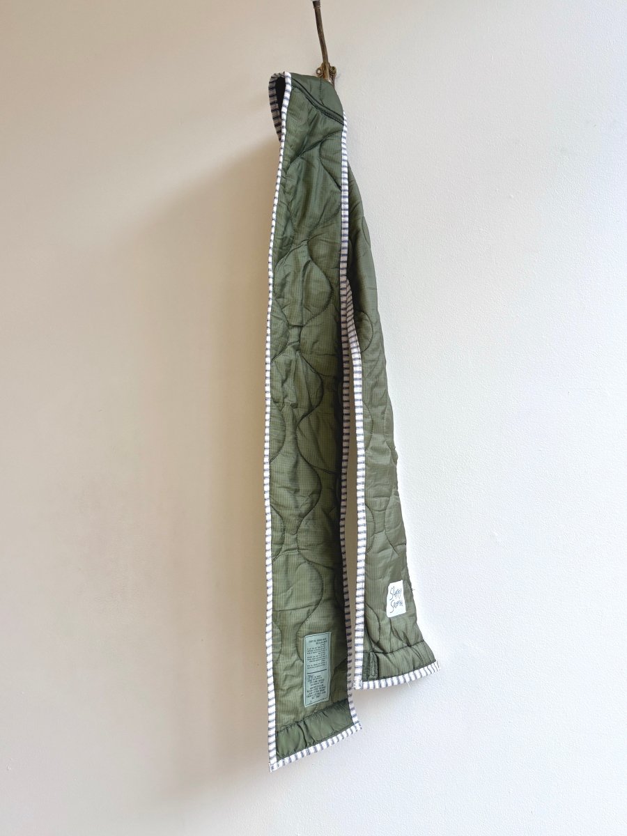 Dark Olive Green Army Liner Quilted Scarf w/ White & Blue Stripe Bias Accent (Reworked) - Made X Hudson