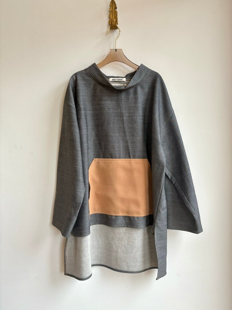 Denim & Camel Deadstock Fabric Hi - Low Sweatshirt w/ Kangaroo Pocket - Made X Hudson