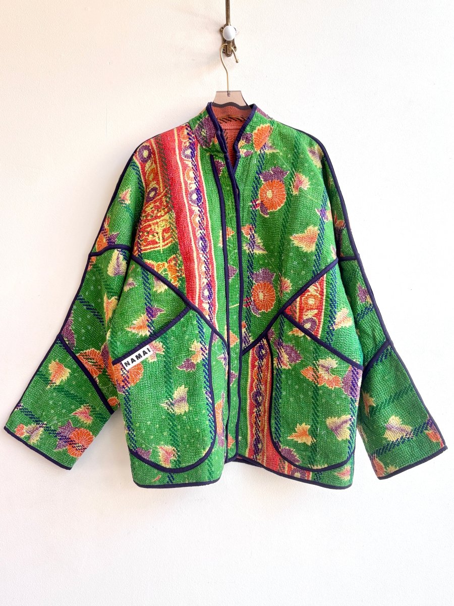 Reversible Ladhiya Quilted Jacket in Colors Green with Orange Floral & Orange Stripe - Made X Hudson