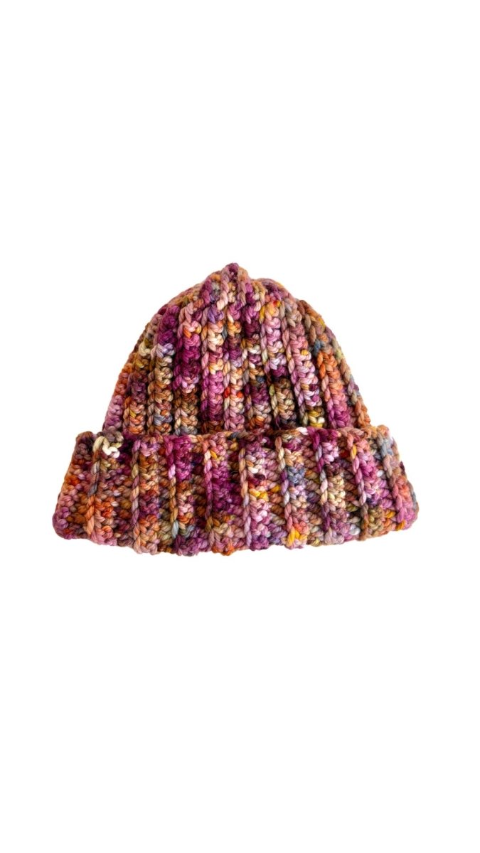 Hand Crochet Wide Cuff Beanie in Variegated Wine and Cream - Made X Hudson