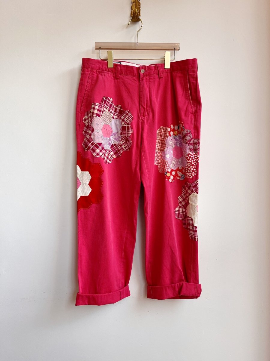 Grandmother’s Garden Quilt Block Applique Red Chinos (Reworked) - Made X Hudson