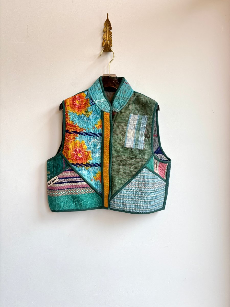 Reversible Kaira Quilted Cropped Vest in Colors Pale Blue, Teal, Navy & Pale Blue, Green, Yellow - Made X Hudson