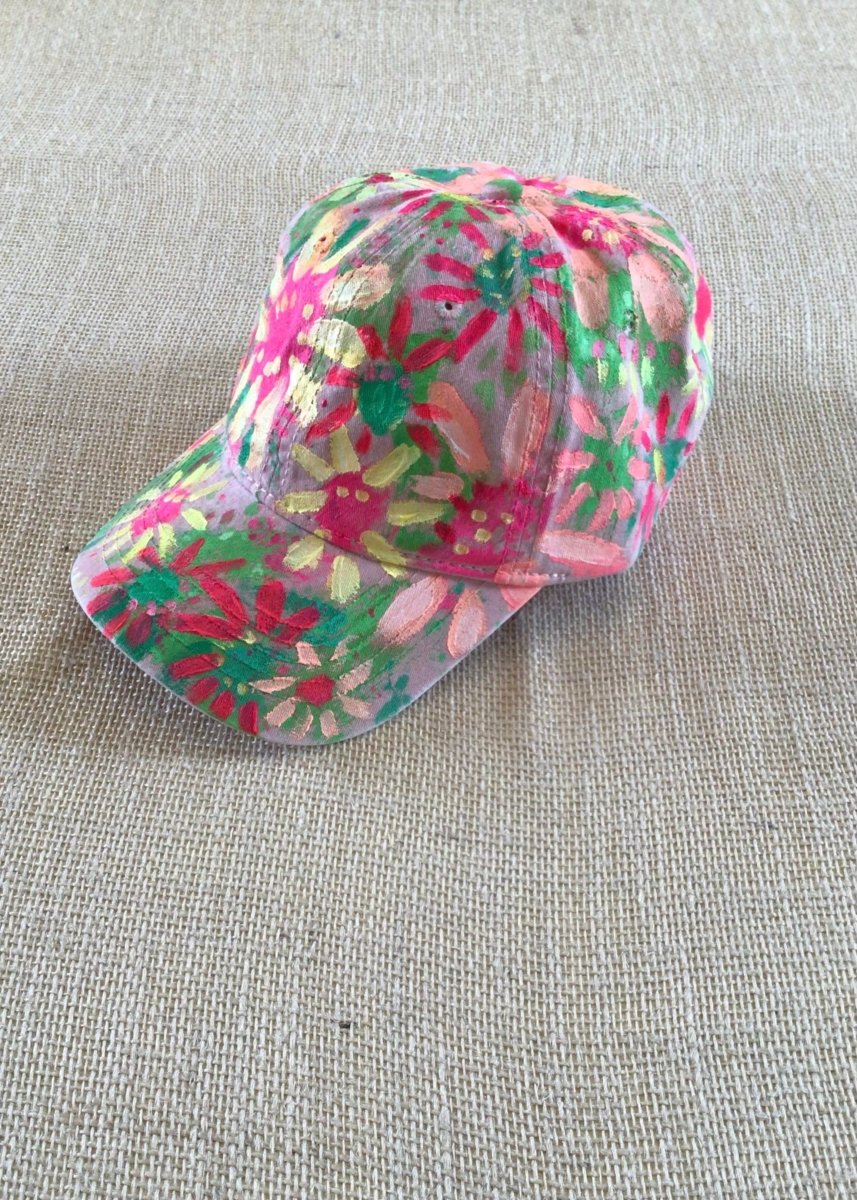 Pink Hand Painted Neon Yellow & Pink Flowers Baseball Cap - Made X Hudson