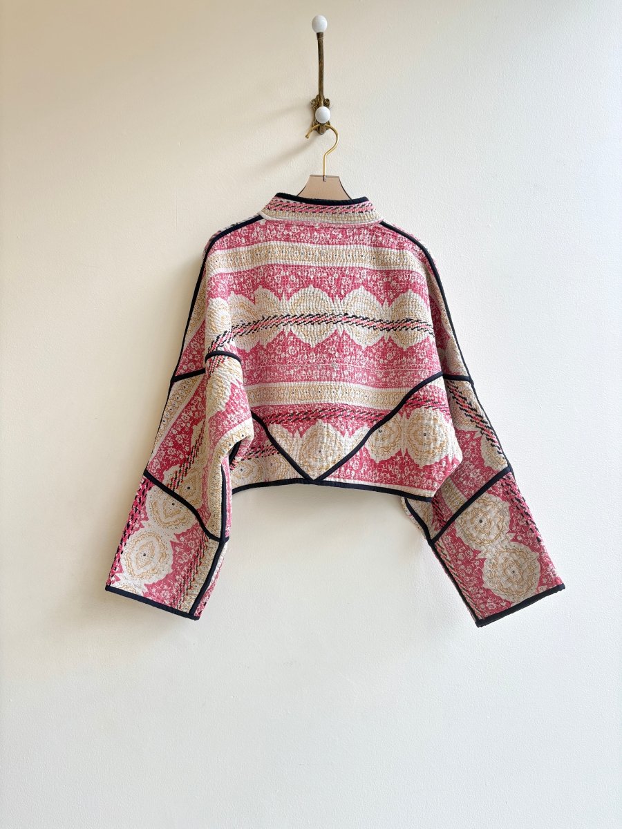 Reversible Kaira Quilted Cropped Jacket in Colors Ivory, Pink, Lavender, Yellow & Ivory, Brown, Sage, Green - Made X Hudson