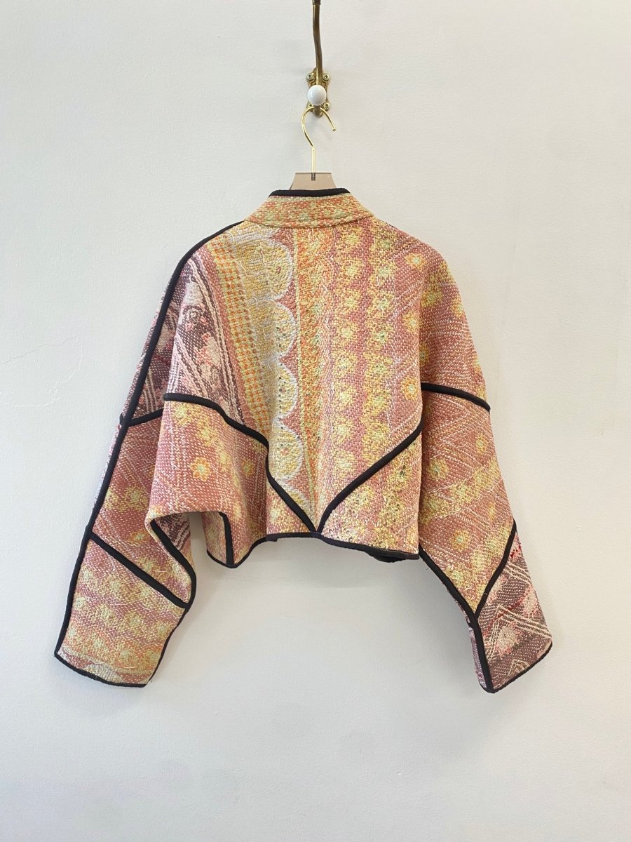 Reversible Kaira Quilted Cropped Jacket in Colors Plum, Green, Blue w/ Embroidered Orange Flowers & Lavender, Pink, Yellow, Orange - Made X Hudson