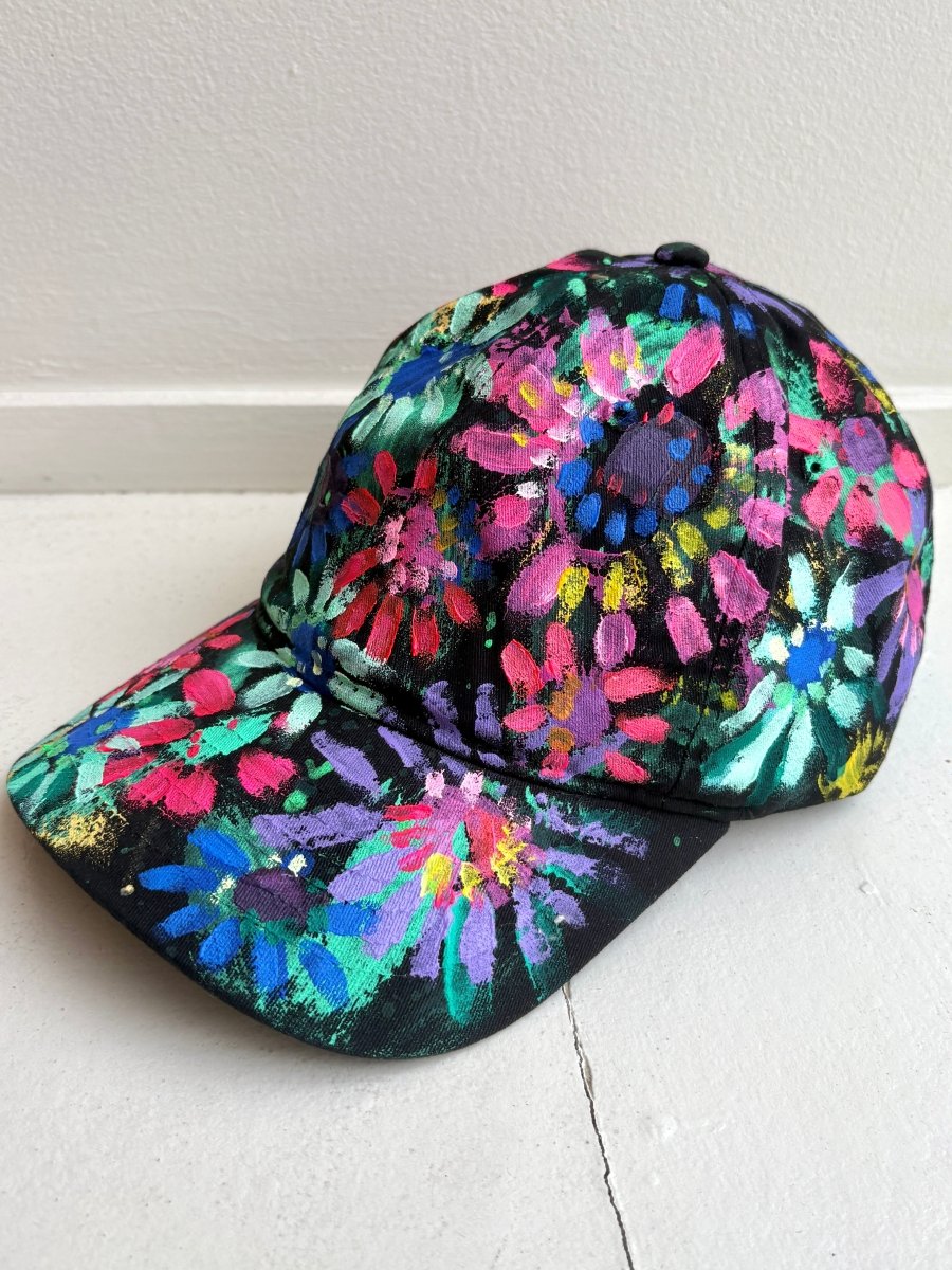 "Zelie" Black Baseball Cap w/ Pink and Aquamarine Neon Flowers | Hand Painted - Made X Hudson