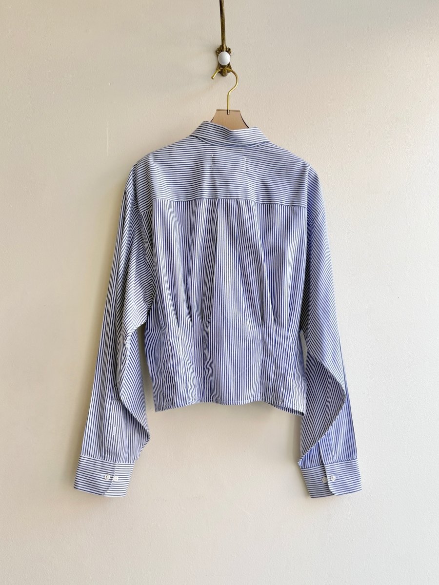 The Kevin Top | Blue & White Pinstripe Button Down Top w/ Gathered Waist (Reworked) - Made X Hudson