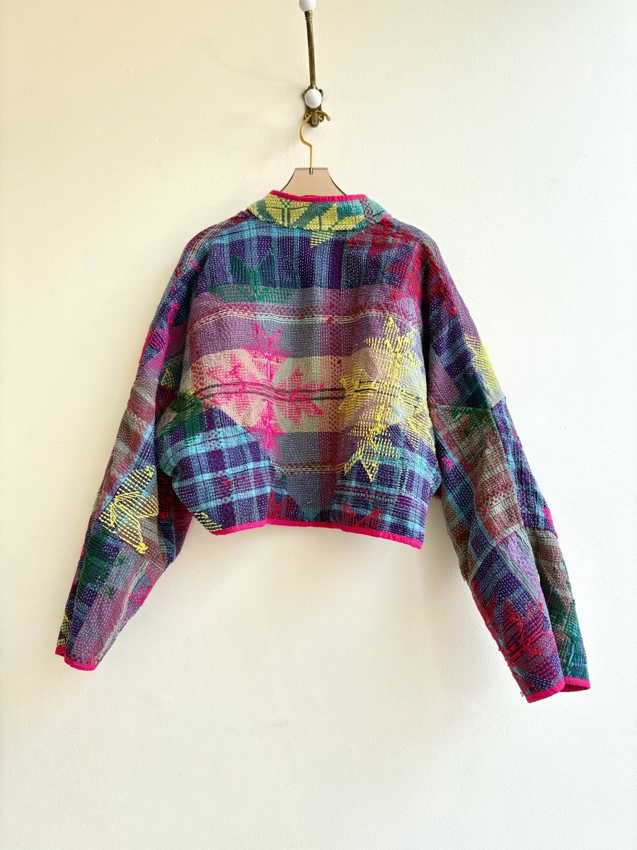 Reversible Kaira Quilted Cropped Jacket in Colors Blue, Green, Bright Pink, Yellow, Red & Purple, Blue, Tan, Bright Pink, Yellow, Green - Made X Hudson