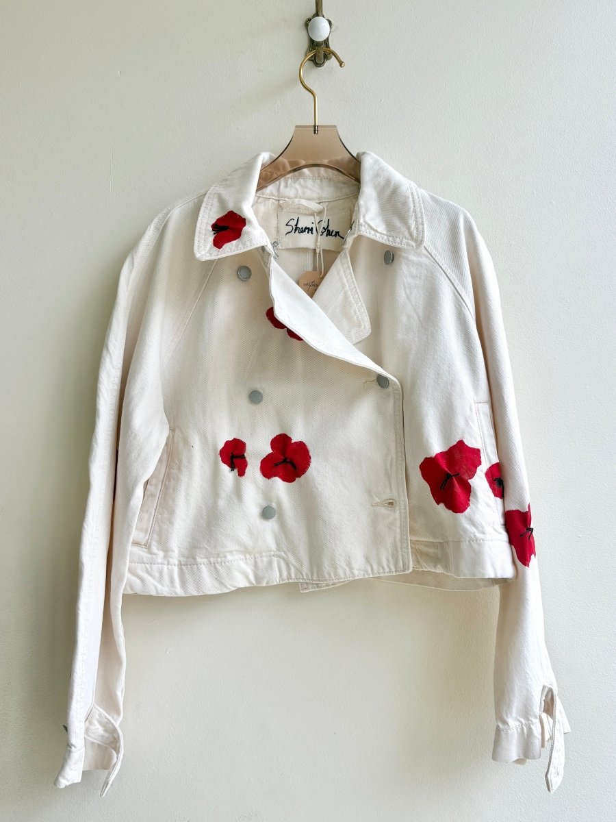 "Anemone" White and Red Double Breasted Cropped Denim Jacket (Reworked) - Made X Hudson