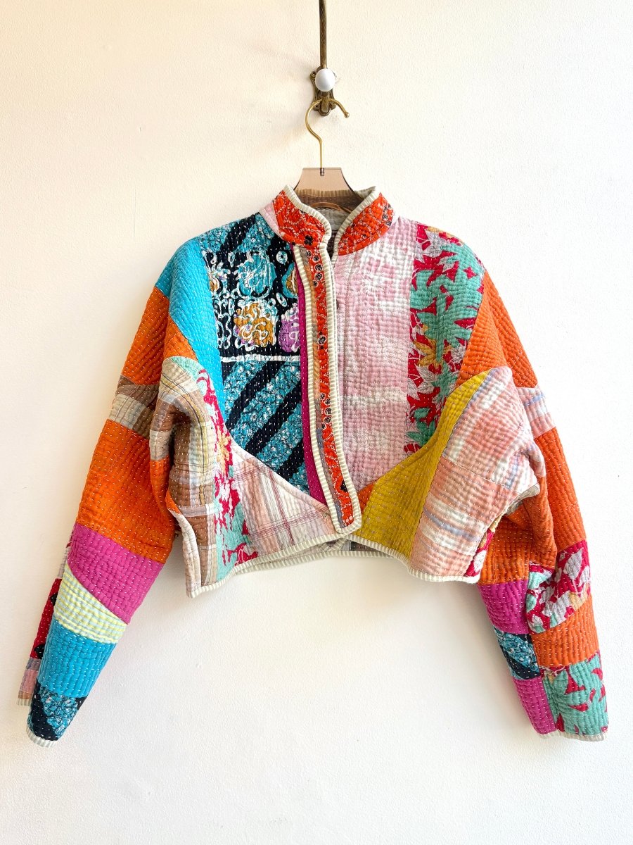 Reversible Kaira Quilted Cropped Jacket in Colors Purple Plaid, Cream, Baby Blue & Carrot Orange, Teal Blue, Yellow, Cream - Made X Hudson