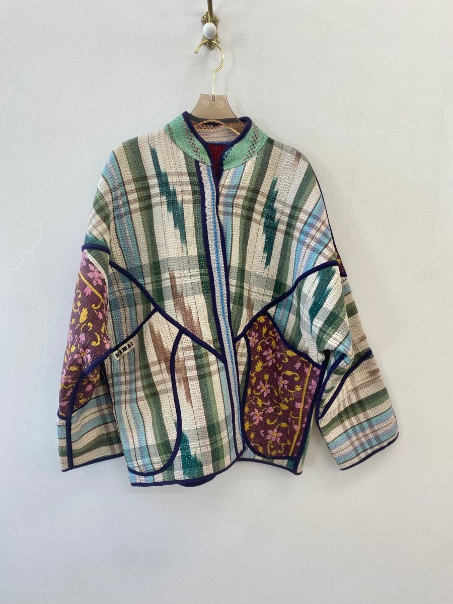 Reversible Ladhiya Quilted Jacket in Multi - Colored Patchwork & Green, Blue & White Stripe w/ Floral Pocket - Made X Hudson
