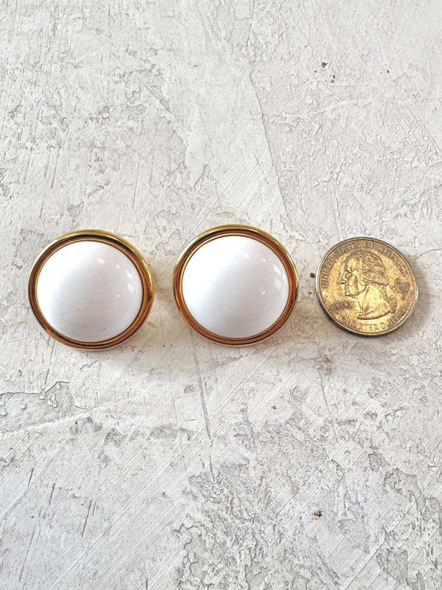Gold Tone Border and White Jackie O Clip On Earrings (Vintage) - Made X Hudson