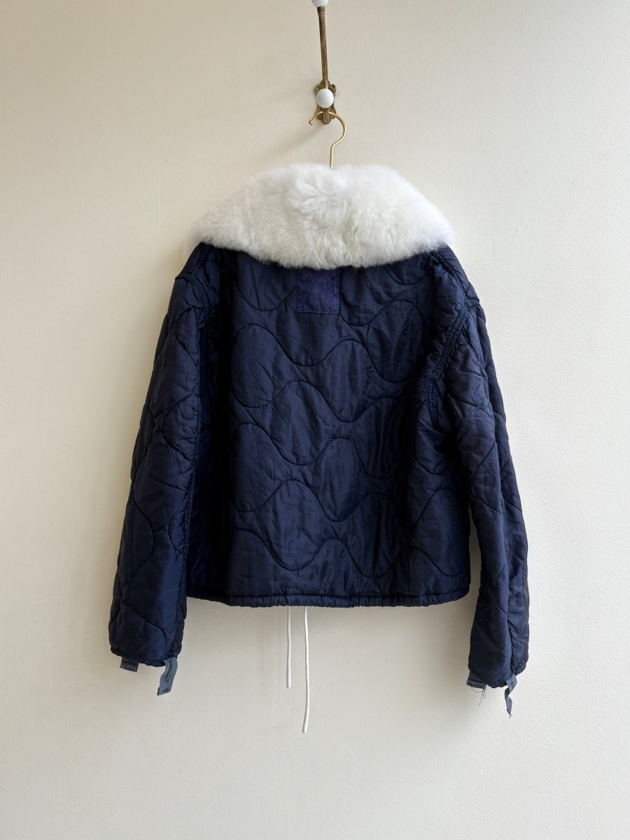 Navy Army Liner Quilted Coat w/ Cream Alpaca Fur Collar & White Button Close & White tassels - Made X Hudson