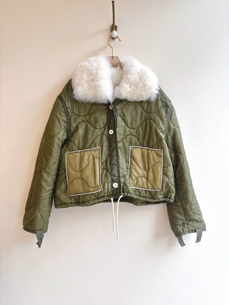 Mixed Olive Army Liner Quilted Coat w/ White Alpaca Fur Collar, White Buttons, & Drawstring (Reworked) - Made X Hudson