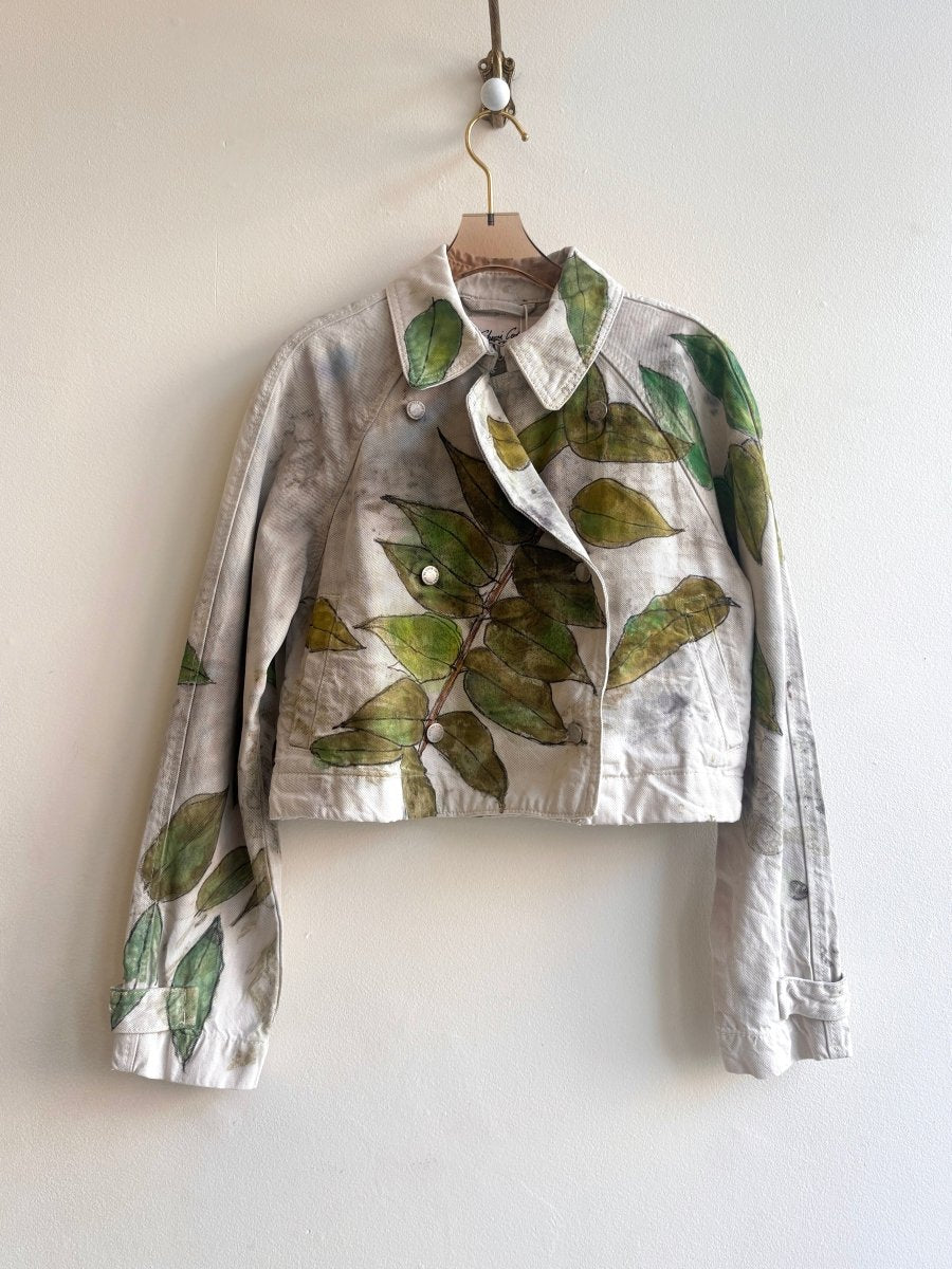 Hand Painted Grey Double Breasted Cropped Denim Jacket (Reworked) - Made X Hudson