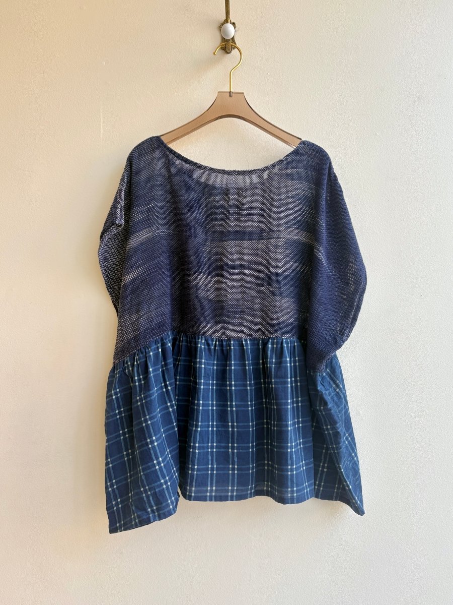 Handwoven Blouse Indigo w/ Plaid Peplum - Made X Hudson